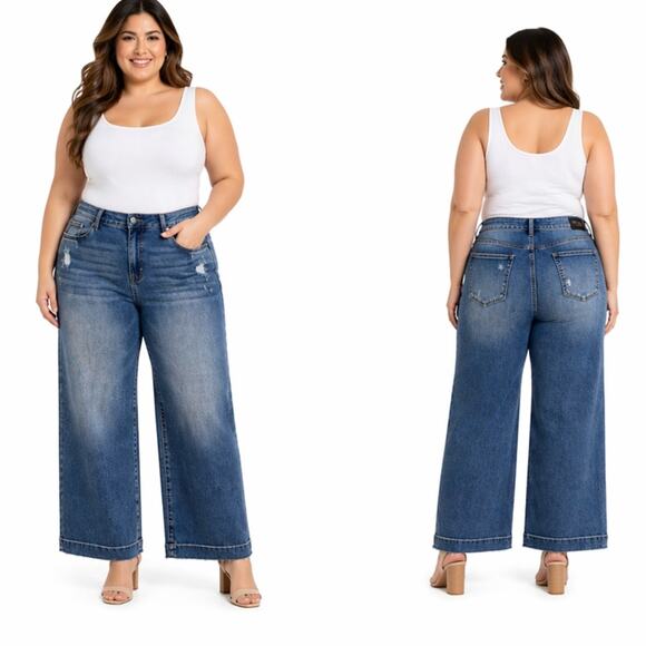Judy Blue Denim - Judy Blue Wide Leg Jeans 14W High Rise Lightly Distressed Stretch Denim
